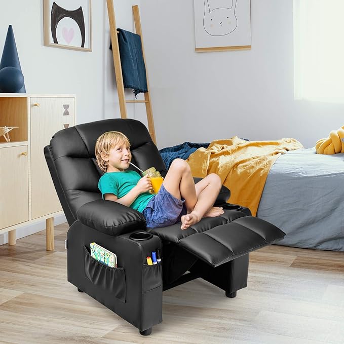 Kids Recliner, Kids Recliner Chair w/ 2 Cup Holders, PU Leather Kids Chairs Compy w/Adjustable Backrest & 3 Pockets, Toddler Furniture Sofa for Boys Girls Aged 3+ (Black)
