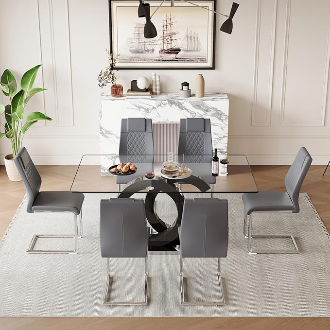 63'' Glass Dining Table Set for 6, Kitchen Table Chairs Set of 6, Clear Glass Dining Table with Black unique design Leg and Silver Metal Base, 6 PU Dining Chairs with Metal Legs, Living Room, Kitchen.