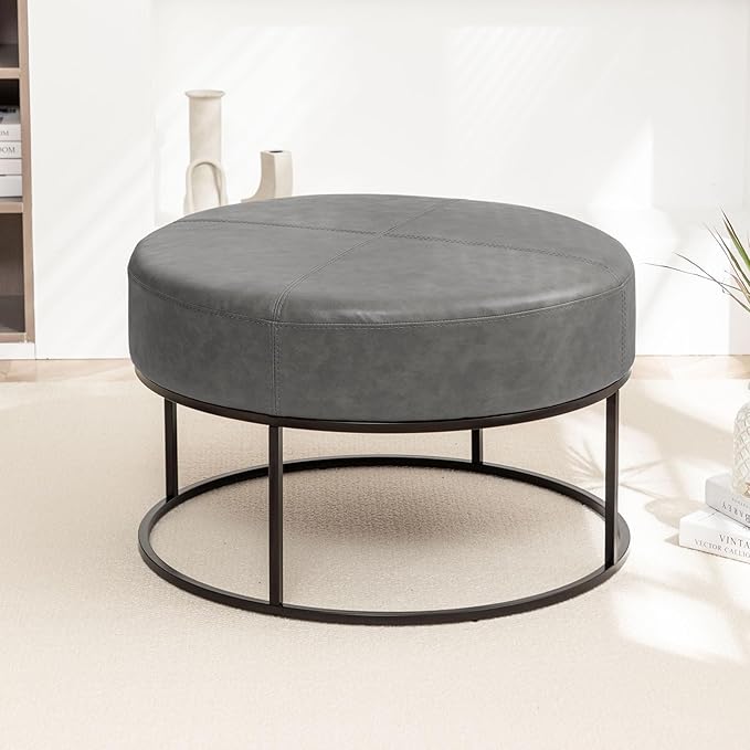 BALLIAA Modern Round Coffee Table, Farmhouse Ottoman for Living Room, Large Vintage Leather Coffee Tables with Leather Upholstered Padded Seat [Round, Vintage Gray, 30'']