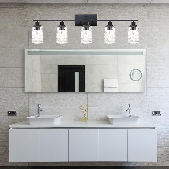 MELUCEE 5-Light Bathroom Lighting Fixtures Over Mirror, Contemporary Black Vanity Light Industrial Wall Lamp with Clear Hammered Glass Shade (Patent No.: US D963914 S)