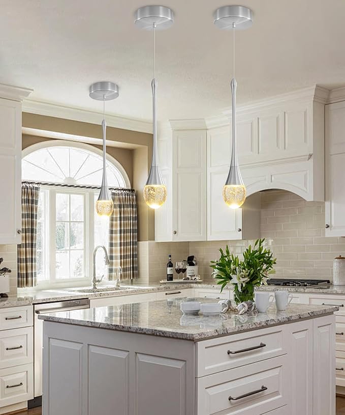 Modern Pendant Lights for Kitchen Island Silver Raindrop Crystal Hanging Light Fxitures Mini Pendant Light Fixture for Dining Room Bar Bedroom （3pack）