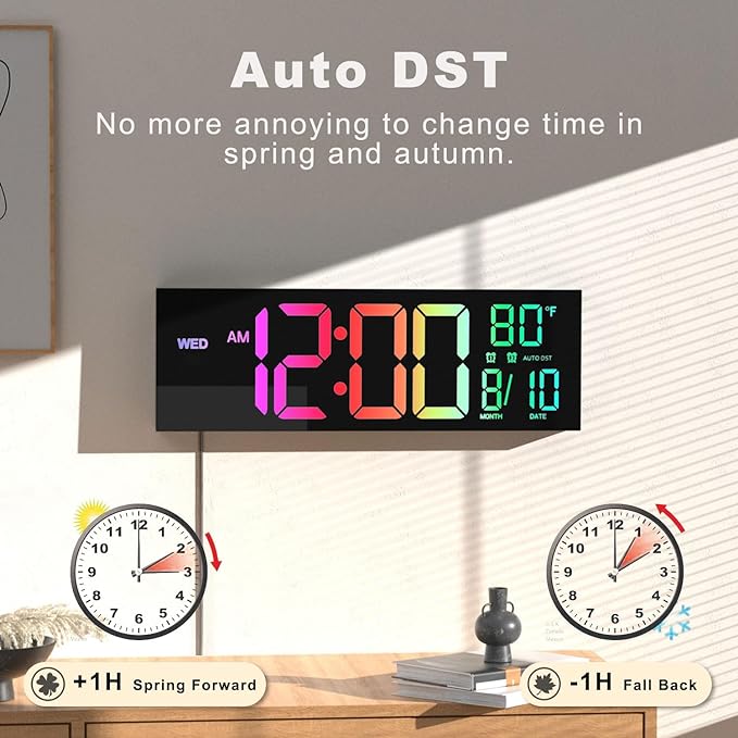 JALL 16" Large Digital Wall Mount Clock, Count Down Timer, Alarm, Big LED, 8 RGB Color, DST, Temperature for Living Room Classroom Desk, Xmas, Birthday Gift for Senior Mom Dad (Black, 16 inches)