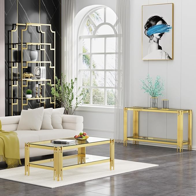 Glass Gold Coffee Table Set of 2,Modern Rectangle Coffee Table and Console Table w/Storage,Glass Coffee Table Set with Steel Frame,2 Pieces Living Room Table Set for Apartment Home Office