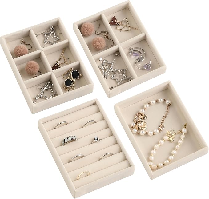 Frebeauty Small Jewelry Tray Set,Stackable Velvet Jewelry Organizer Tray,Mini Jewelry Drawer Organizer,Drawer Inserts,4.92 x 3.74 x 0.9 Inches,Earring Organizer for Women(Set 4,Beige)