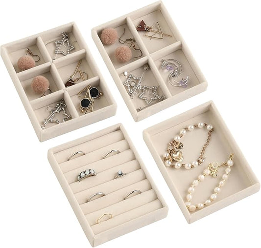 Frebeauty Small Jewelry Tray Set,Stackable Velvet Jewelry Organizer Tray,Mini Jewelry Drawer Organizer,Drawer Inserts,4.92 x 3.74 x 0.9 Inches,Earring Organizer for Women(Set 4,Beige)