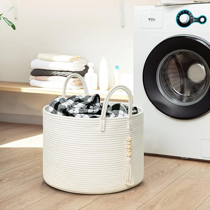 Goodpick Large Laundry Basket Decorative White Basket for Blankets, Baby Storage Basket for Nursery, Living Room, Bedroom, Big Rope Hamper 17.7 x 12.6 Inches, White