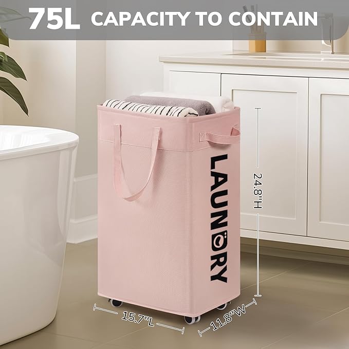 Goodpick Laundry Basket with Wheels, Dorm Room Essentials for Girls, 75L Collapsible Laundry Basket, Pink Laundry Hamper with Handle for College Dorm
