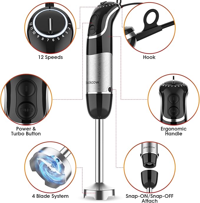 Corded Immersion Blender Handheld for Kitchen,Stainless Steel Emulsion Blender Handheld with Hook,Electric Hand Mixer with 12-Speed&Turbo,for Smoothie,Soup,Baby Food and Drinks