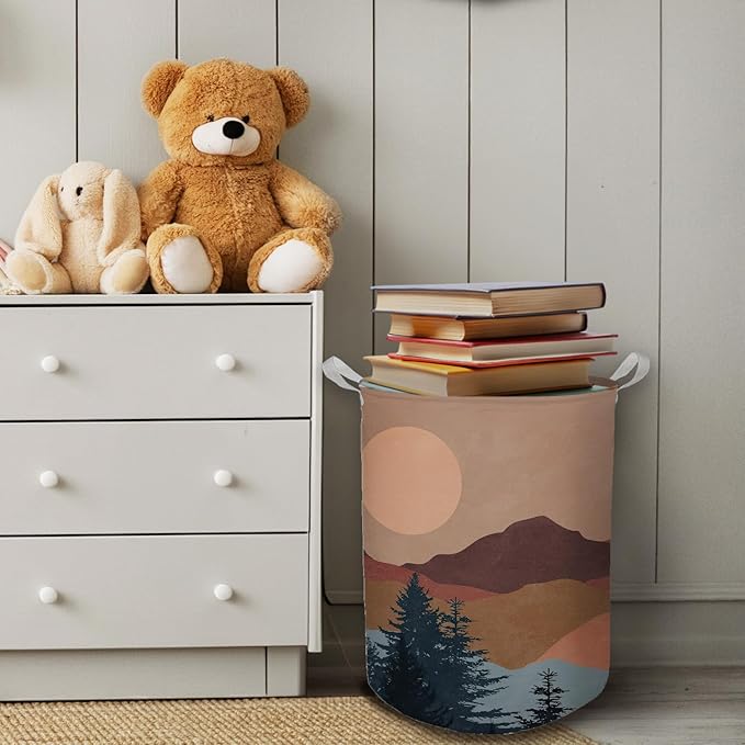 Boho Laundry Basket, Mid Century Modern Boho Sun Forest Mountain Waterproof Collapsible Laundry Hamper Dirty Clothes Storage Toy Bin Organizer for Bathroom Bedroom Nursery Girls Kids Room