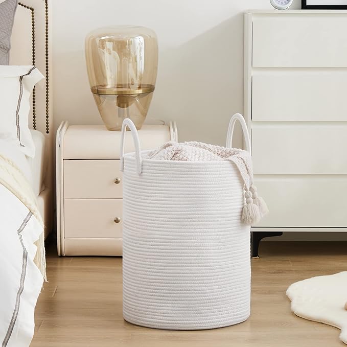 Woven Rope Laundry Hamper Basket by YOUDENOVA, 72L Tall Luandry Basket, Baby Nursery Hamper for Blanket Storage in Bedroom-Large-Pure White
