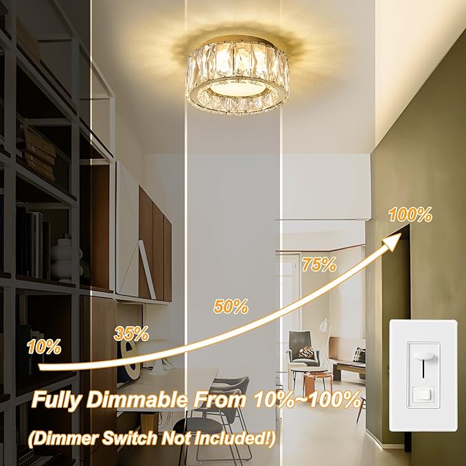 Modern Dimmable LED Luxury Crystal Gold Flush Mount Ceiling Light Fixture,7.87 Inch 15W,3CCT,Mini Round Close to Ceiling Chandelier for Hallway,Kitchen,Laundry Room,Entryway