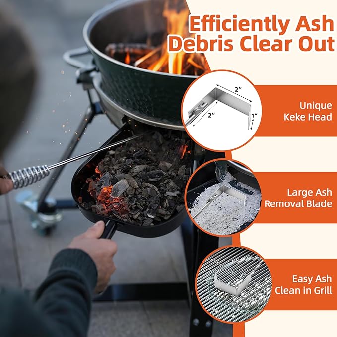 BBQ Ash Tool Poker Rake,18.6 Inch Stainless Steel Charcoal and Grill Cleaning Ash Tools for Fireplace, Metal BBQ Cleaner Poker,Heavy Duty Barbecue Grilling Utensils Tool for Charcoal Grills