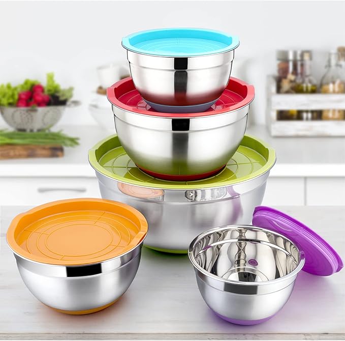 P&P CHEF Mixing Bowls with Lids Set of 5, Stainless Steel Nesting Salad Bowl with Lid & Base for Non-slip Mixing Prepping Storing Serving, 5 Sizes-7/3.5/2.5/1.5/1 QT, Multicolor