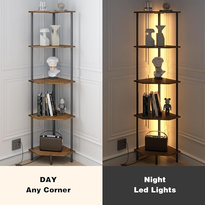 5 Tier Corner Shelf with LED Light,Tall Standing Shelf Organizer,Narrow Bookshelf,The Classic Combination of Rustic Brown and Black Standing Bookcase,Suitable for Bedroom,Living Room,Kitchen