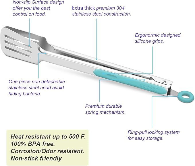 Premium 304 Stainless Steel Barbecue Turners, Heavy Duty Non-Stick BBQ Cooking Kitchen Tongs, 9" and 12" Aqua Sky