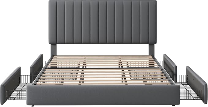 Allewie King Size Storage Bed Frame, Vertical Channel Tufted Adjustable Headboard, Velvet Upholstered Platform Bed with 4 Oversized Underbed Drawers, Wooden Slats Support, No Box Spring Needed, Grey