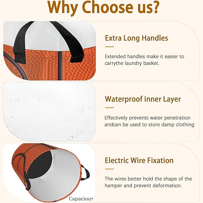 Basketball Texture Laundry Basket,Waterproof Laundry Hamper,Collapsible Organizer Basket for Storage Bin Toy Bins, Dirty Clothes Laundry Basket for Living Room/Bathroom/Bedroom