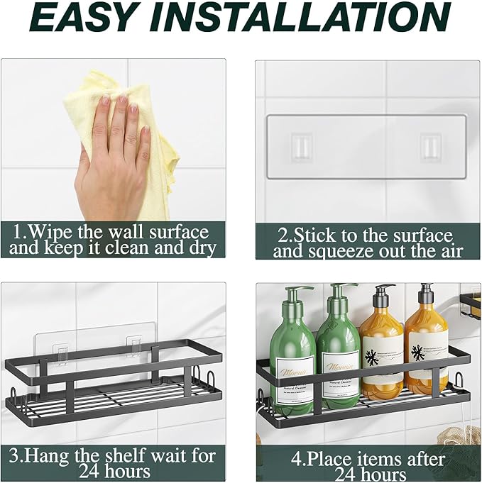 Adhesive Shower Caddy,Shower Shelves with Soap Holder and 12 Hooks,Rustproof No Drilling Bathroom Organizer and Storage,Black,3 Pack