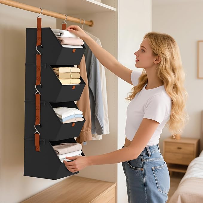 Hanging Closet Organizer 4 Tier - Clothes Hanging Shelves, Space-Saving Closet System, Fabric Storage Bins Bedroom Organization, Collapsible Baskets for Home, Dorm, Rv, Black, 2 Pack