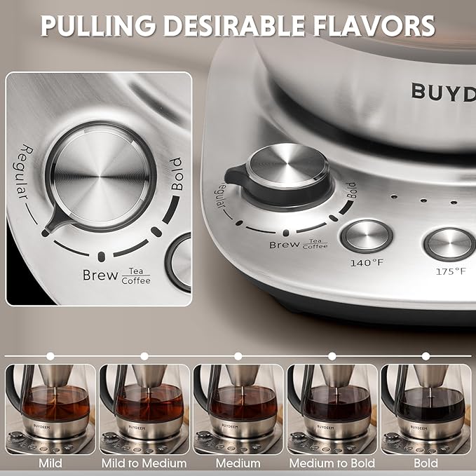 BUYDEEM K176 Tea Maker, Multifunctional Stainless Steel Electric Kettle for Tea and Coffee Brewing, Auto Keep Warm, 5 Flavor Controls, 1.5L