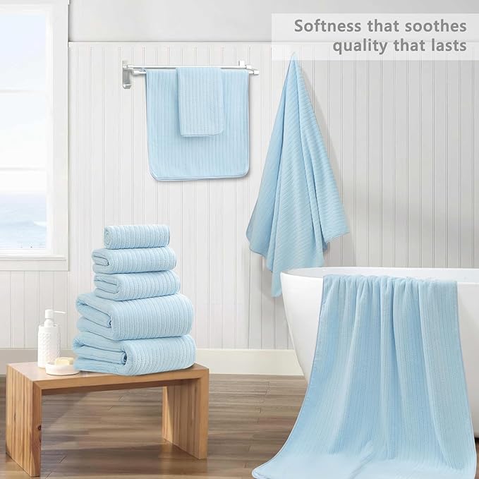 18 Piece Bath Towels Set,Super Soft Family Bathroom Towel Set with Hanging Loops-6 Bath Towels,6 Hand Towels,6 Washcloths,Highly Absorbent Quick Dry Shower Towel for Bathroom,Hotel,Spa-Blue Towel Set