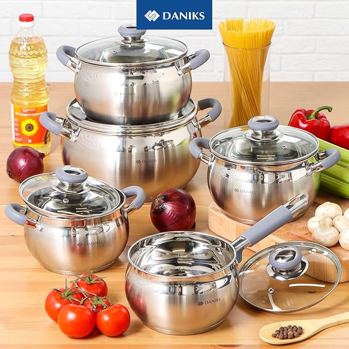 Daniks Modern 6-Piece Stainless Steel Induction Cookware Set – Dishwasher Safe Pots with Heatproof Handles, Glass Lids, Silver