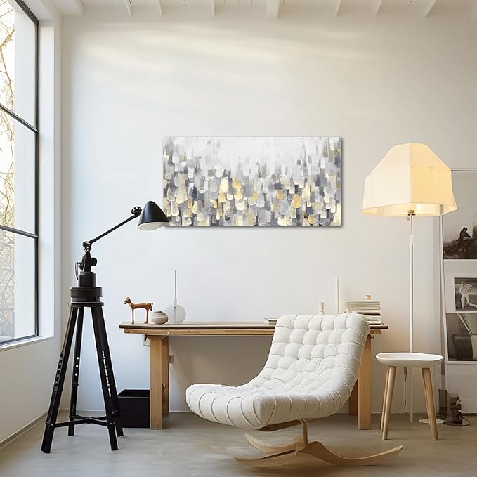 LoveHouse Abstract Canvas Wall Art Grey Gold Painting Pictures Prints Yellow and Grey Artwork Artwork Posters