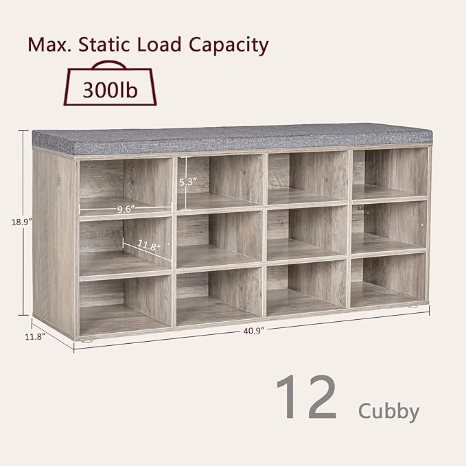 DINZI LVJ Shoe Storage Bench with Cushion, Cubby Rack with 12 Cubbies, Adjustable Shelves, Multifunctional Organizer Bench for Entryway, Mudroom, Hallway, Closet and Garage, Greige