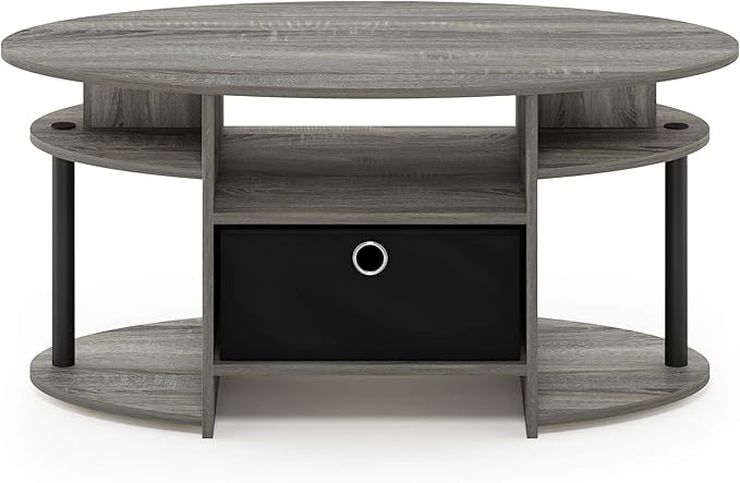 Furinno Jaya Oval Coffee Table, French Oak Grey/Black/Black