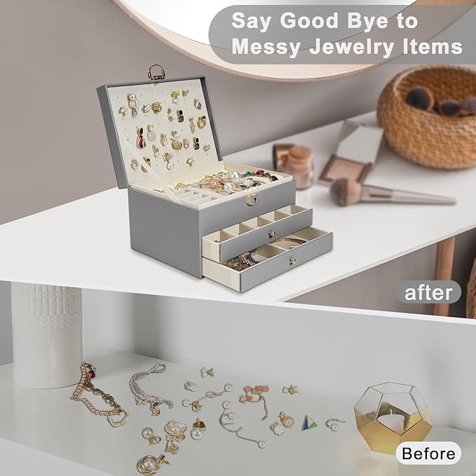 3-Layer Jewelry Box for Women, Earing Holder Jewelry Organizers and Storage with Removable Jewelry Tray, Vintage Quilted Top Lockable Jewelry Holder Gift Idea Gray