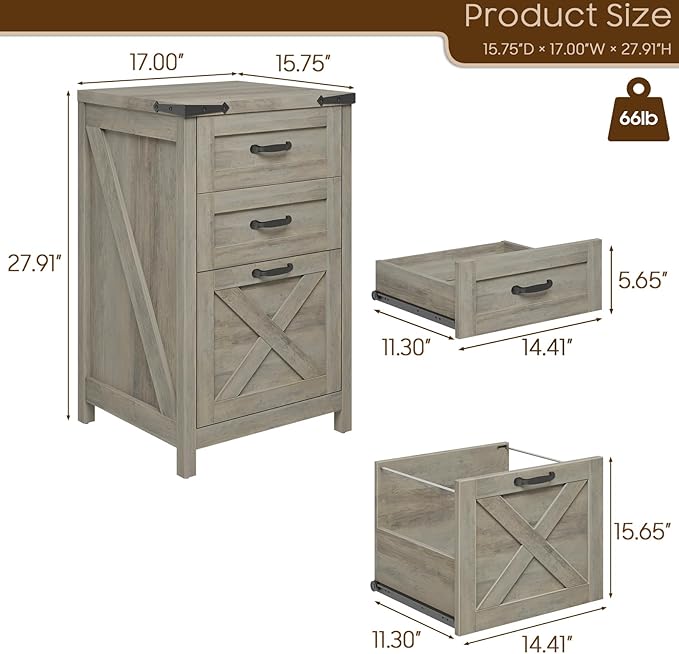 Vertical File Cabinet with 3 Drawers, Wooden Farmhouse Filing Cabinet for Letter/A4 Size Hanging Files, Under Desk Printer Stand with Storage for Home Office, Rustic Grey