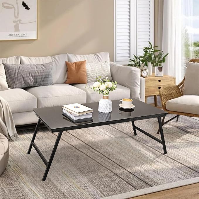 Foldable Coffee Tables for Small Spaces Portable Wooden Low Table with Metal Legs No Assembly Rectangular Coffee Table for Living Room Home, Office, Space Saving, Black Gold