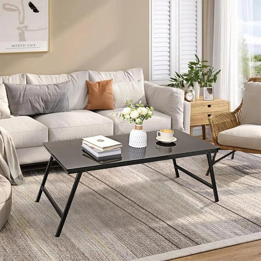 Foldable Coffee Tables for Small Spaces Portable Wooden Low Table with Metal Legs No Assembly Rectangular Coffee Table for Living Room Home, Office, Space Saving, Black Gold