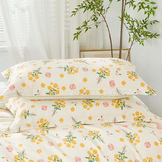 SAPHREAS Yellow Floral Duvet Cover Set King Size 3pcs Garden Style Botanical Blossom Bedding Comforter Cover Set 100% Cotton 1 Duvet Cover 104"x90" 2 Pillow Shams, Comforter Not Included