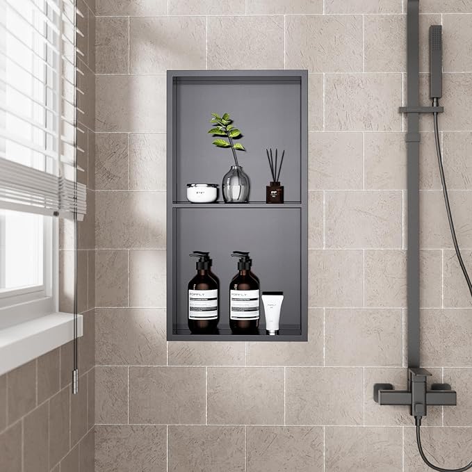 POPFLY 12"×24" Dark Grey Stainless Steel Shower Niche, Double Shelf Bathroom Insert Niche No Tile Ready Needed Recessed Two Tier Wall Niches for Shower