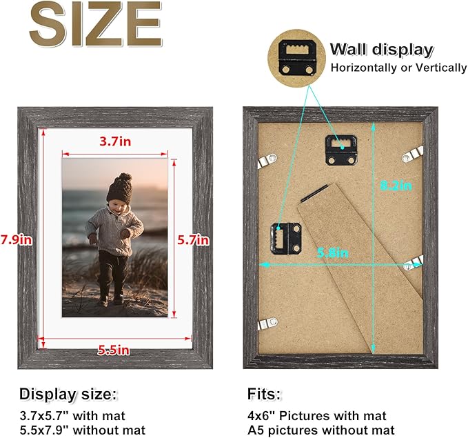 KINLINK A5 Picture Frame, Ash Black Solid Wood Frames with Acrylic Plexiglass for Pictures 4x6 with Mat or A5 without Mat, Tabletop and Wall Mounting Display 4 Pack