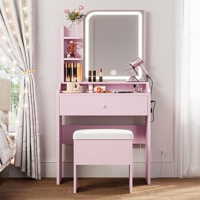 LIKIMIO Small Makeup Vanity Desk with Mirror and Lights, Vanity Table Set with Storage Drawer, Chair and Three Shelves, Bedroom, Pink