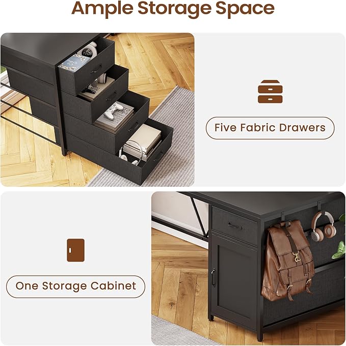 Sedeta SEDETA L Shaped Desk, 63'' Computer Desk with 5 Drawer & Power Outlet,Long Home Office Desk or Corner Desk, L Shaped Corner Desk with Monitor Shelf, Storage Cabinet, Black