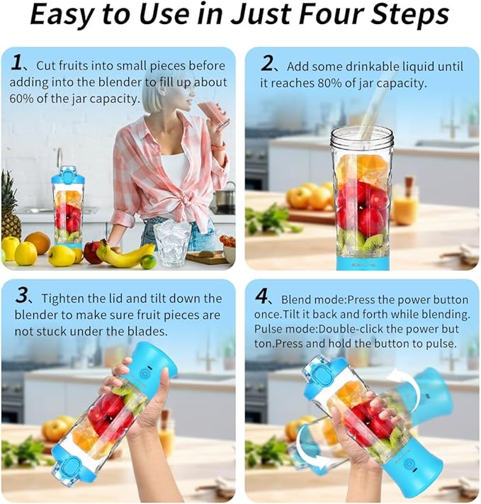 Portable Blender for Shakes and Smoothies With 20 Oz Travel Cup and Lid, Mini Personal Size With 6 Blades and USB Rechargeable for Gym, Kitchen and Outdoors (Blue)