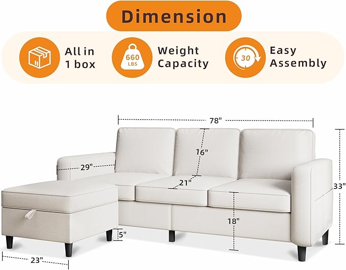 Sectional Sofa Couches for Living Room - 78'' Beige 3 Seat L-Shaped Couch with Storage Ottoman, Modern Linen Convertible Sectionals Sofas with Chaise for Apartment, Office, Small Space