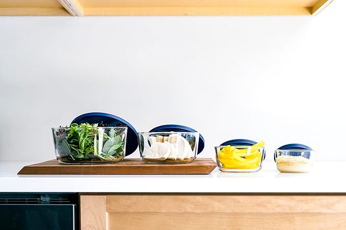 8-Piece Glass Food Storage Containers Set (4 Containers + 4 Lids) | Round, Nesting, Microwave & Dishwasher Safe | BPA-Free, Space-Saving | Blue Lids for Pantry & Kitchen Organization