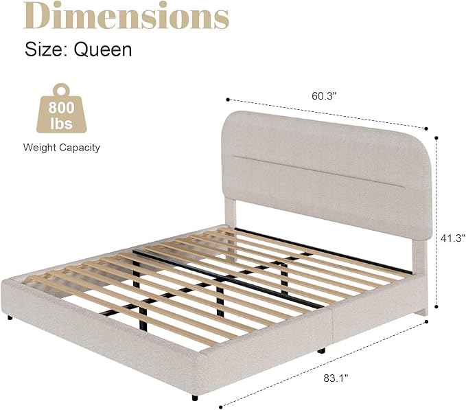 HOMBCK Full Size Boucle Bed Frame, Upholstered Cloud Bed with Headboard, Soft Bed Frames, Modern Style/Thickened Footboard/Rounded Corners Design/No Box Spring Required/Easy Assembly, Beige