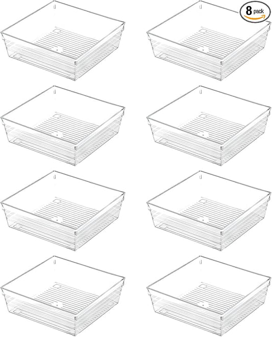 Backerysupply Clear Plastic Drawer Organizer Tray for Vanity Cabinet (6"×6"×2"，Set of 8),Storage Tray for Makeup, Kitchen Utensils, Jewelries, and Gadgets…