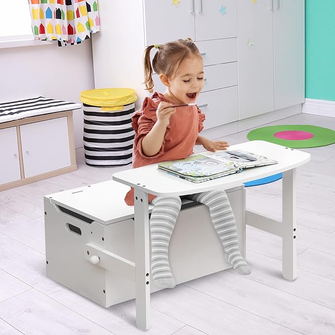 HONEY JOY Kids Table and Chair Set, 3-in-1 Convertible Wooden Toy Storage Bench with Handle, Toddler Furniture Set for Daycare Playroom, Gift for Boys Girls 3+ (Pure White)