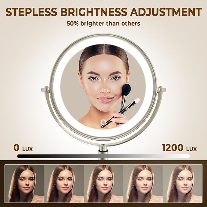 8" Wall Mounted Lighted Makeup Mirror, 3000mAh Rechargeable Double Sided 1X/10X Magnifying Mirror with Hook, 3 Color Lights Touch Dimmable 360° Rotation Vanity Mirror for Bathroom