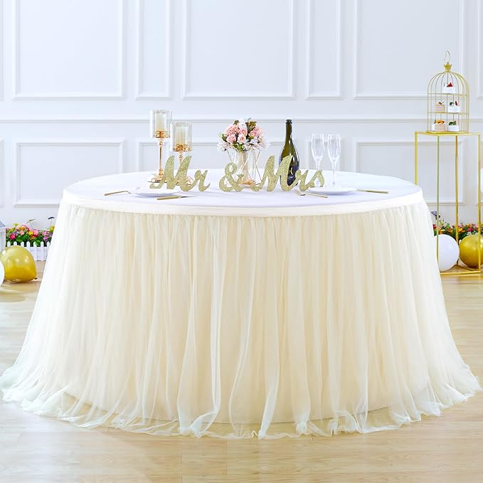 Suppromo Champagne Tulle Table Skirt for Birthday Party 6ft Champagne Tutu Table Cloths Desk Skirt for Wedding Reception Baby Shower Bridal Shower Dessert Cake Table Decorations