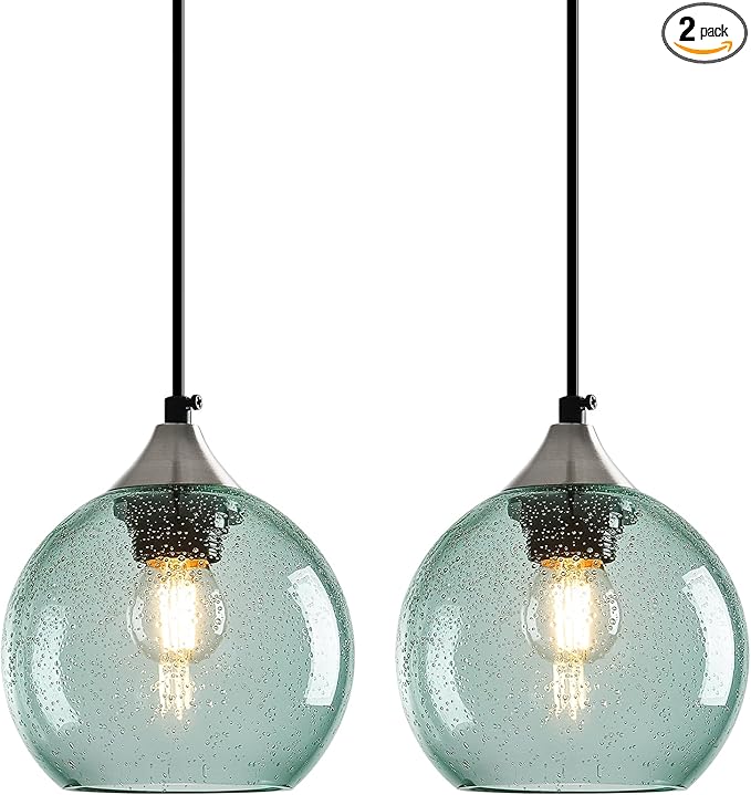 Light Green Glass Pendant Lights Kitchen Island Globe Pendant Light Fixtures Modern Pendant Lighting for Bedroom Living Dining Room Light Fixture (5.9 in, 2 Pack)