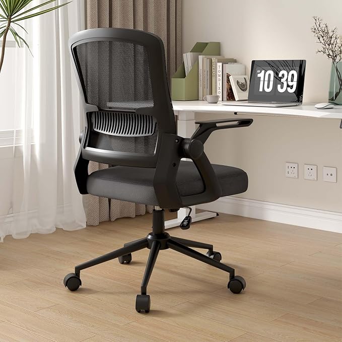 naspaluro Ergonomic Office Chair | Mesh Back, Flip-Up Arms, Lumbar Support | Adjustable Height & Tilt Swivel – Comfortable Desk Chair for Home Office, Study, Work – Black