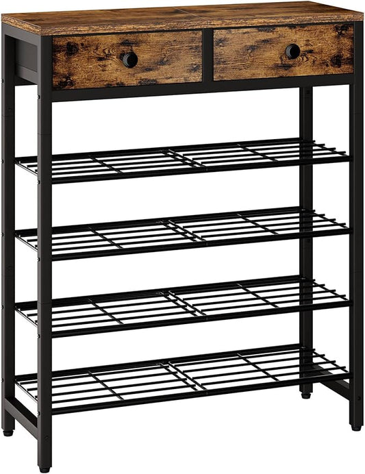 IBUYKE 5 Tier Shoe Rack, Metal Shoe Storage Organizer for 12-16 Pairs of Shoes, Modern Shoe Stand with 2 Drawers,Metal Shelf for Entryway Closet Bedroom, Rustic Brown TXJ041H