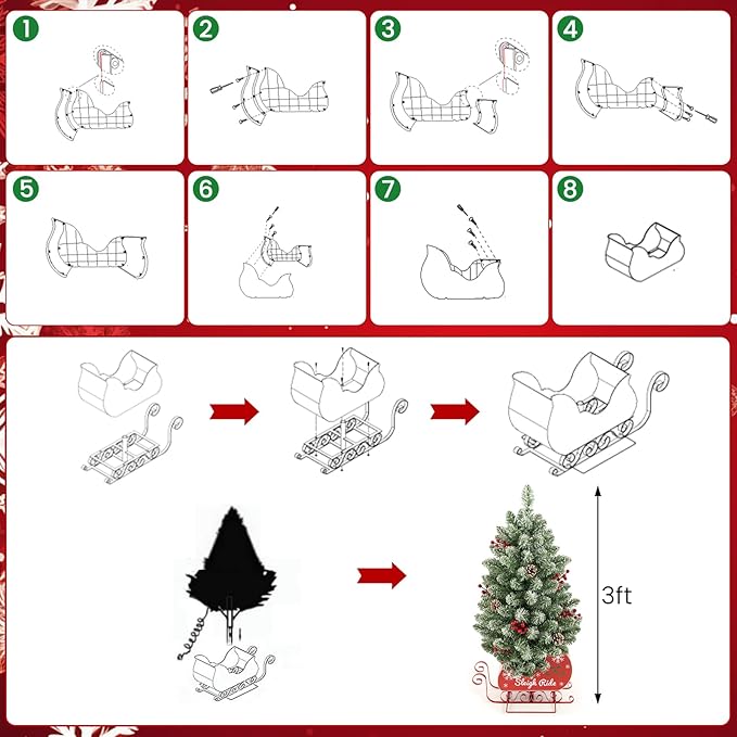 Small 3FT Pre-Lit Snow Flocked Christmas Tree with Twinkling Lights for Home Office Christmas Decor- Battery Operated & Timer (Sleigh Base)